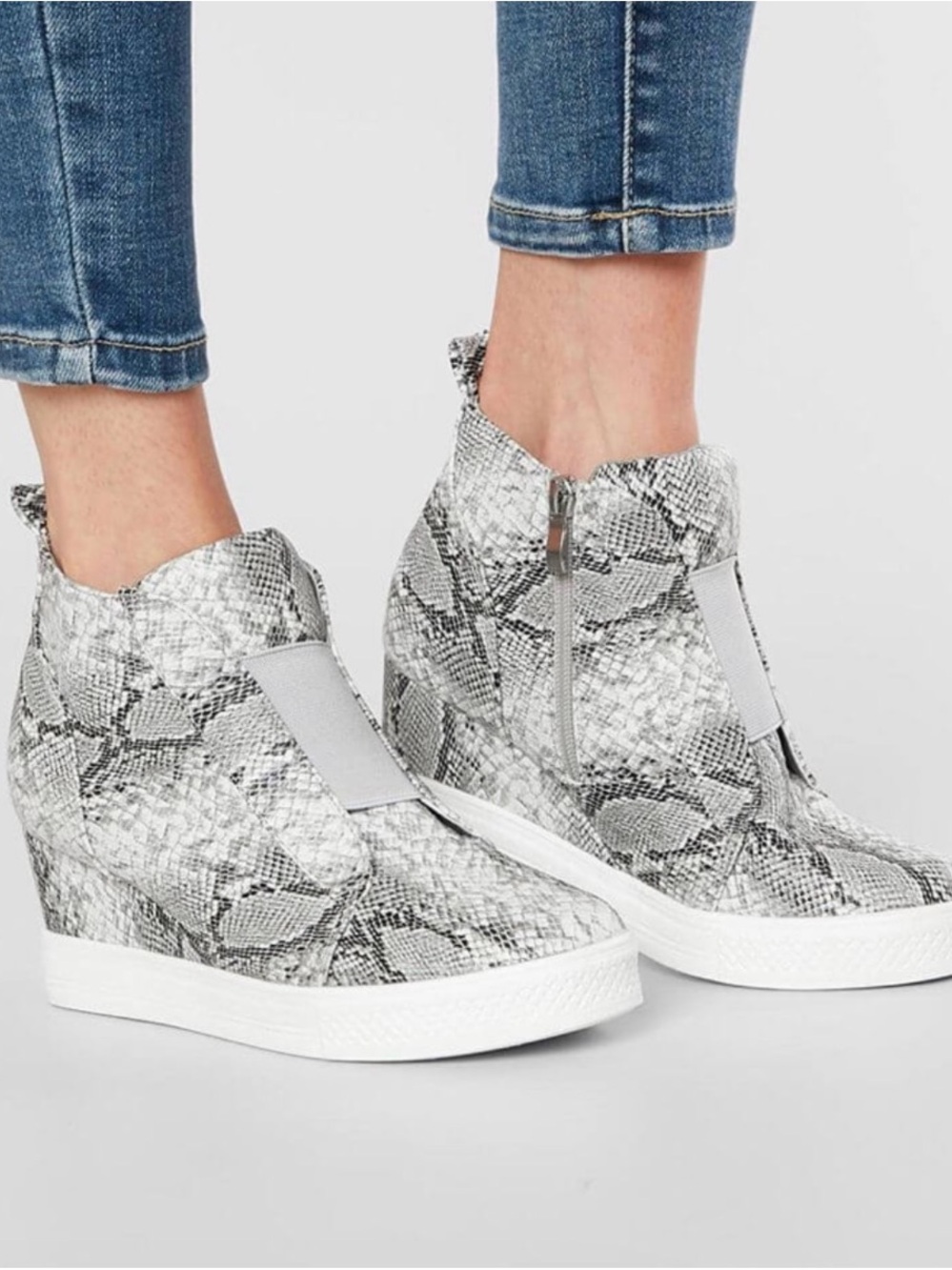 Snake-Print Wedge Booties - Gray